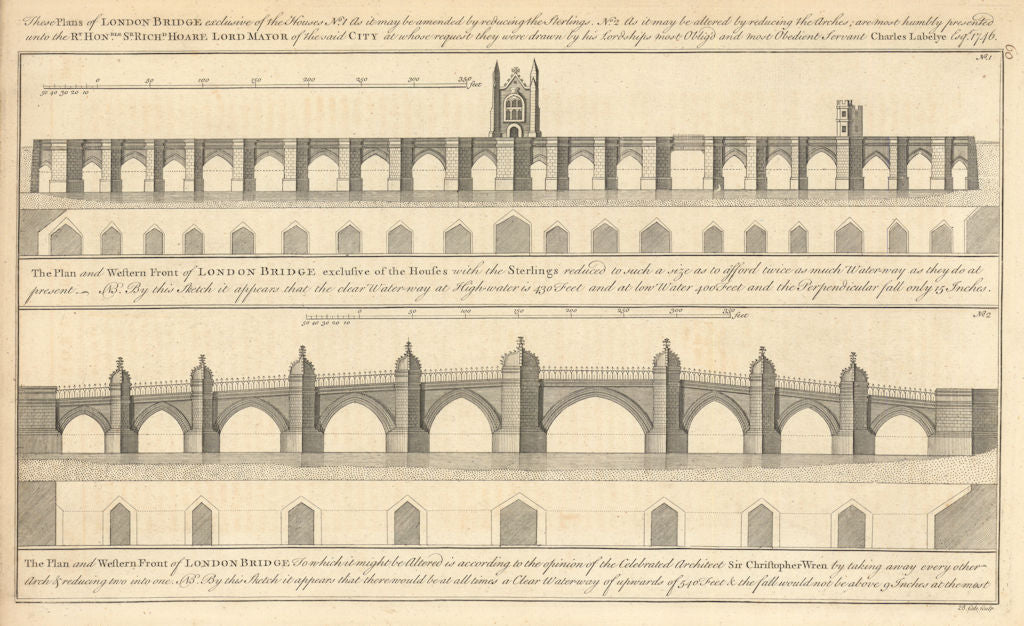 Sir Christopher Wren's plan to rebuild London Bridge, by Benjamin Cole 1760